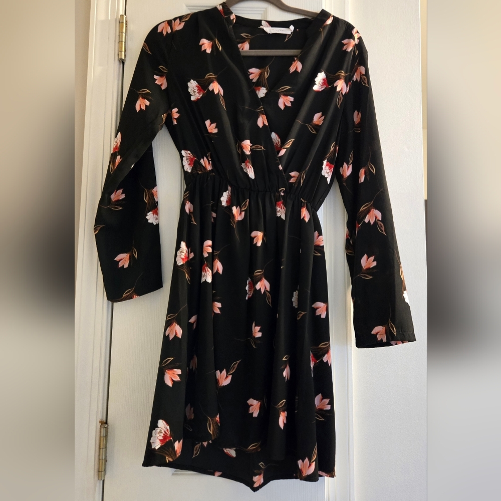 All in Favor Black and Pink Wrap Sundress with Bell Sleeves